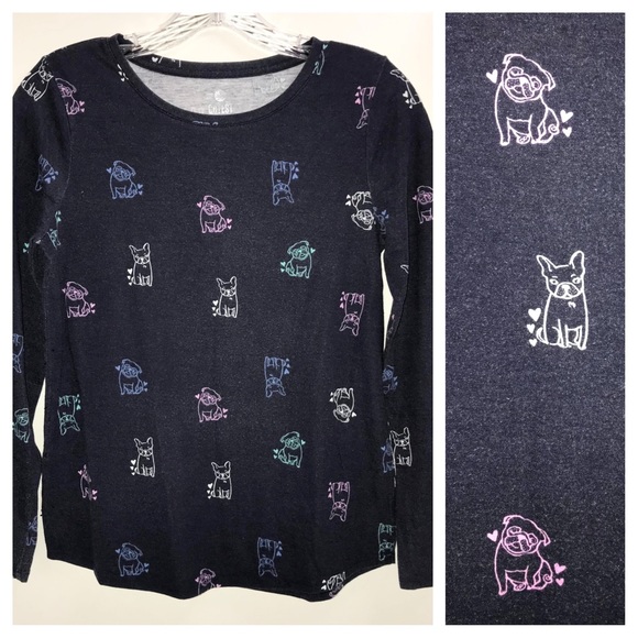 SO girls long sleeve t-shirt, navy blue with pugs and frenchie dogs all over - Picture 1 of 10